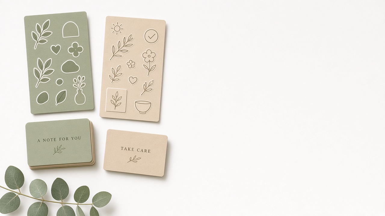 Sage and sand sticker sheets and note cards reading A Note for You and Take Care, on a white desk with eucalyptus.