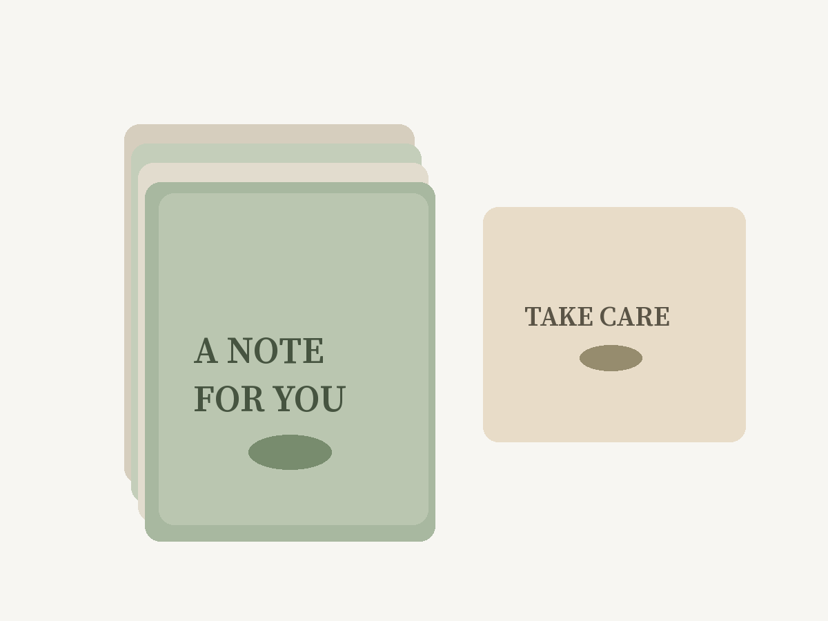 Original illustration of sage and sand note cards reading A Note for You and Take Care.